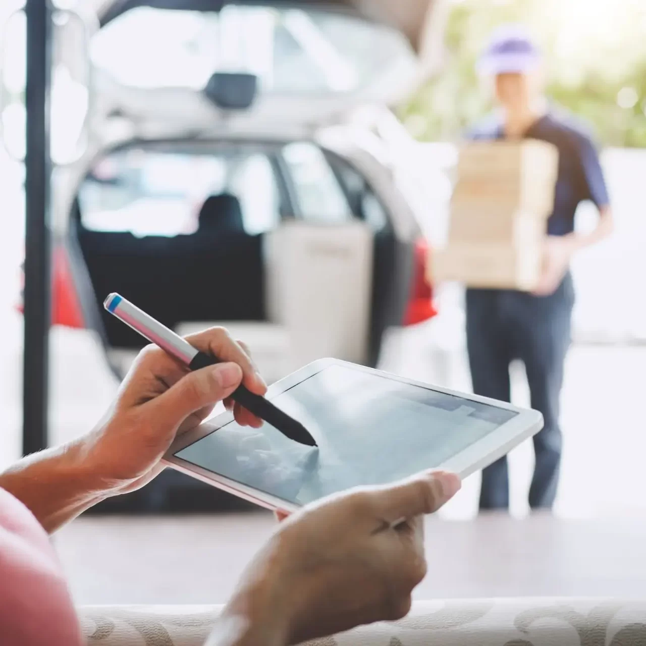 midsection-woman-signing-digital-tablet-while-receiving-delivery-home
